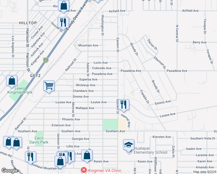 map of restaurants, bars, coffee shops, grocery stores, and more near 2804 Chambers Avenue in Kingman