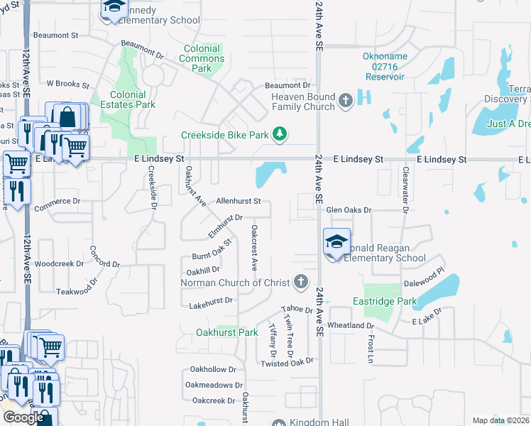 map of restaurants, bars, coffee shops, grocery stores, and more near 1411 Amhurst Avenue in Norman