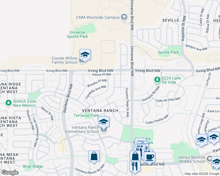 map of restaurants, bars, coffee shops, grocery stores, and more near 6735 Ventana Hills Road Northwest in Albuquerque