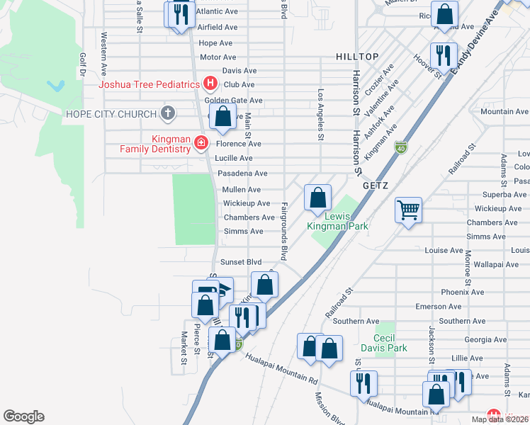 map of restaurants, bars, coffee shops, grocery stores, and more near 2029 Simms Avenue in Kingman