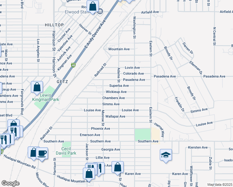 map of restaurants, bars, coffee shops, grocery stores, and more near 2636 Chambers Avenue in Kingman
