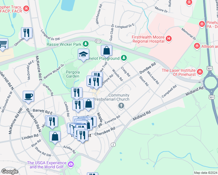 map of restaurants, bars, coffee shops, grocery stores, and more near 100 Kelly Road in Pinehurst