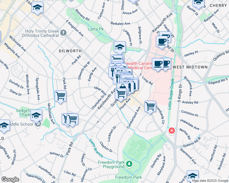map of restaurants, bars, coffee shops, grocery stores, and more near 1917 Kenilworth Avenue in Charlotte