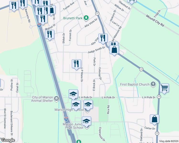map of restaurants, bars, coffee shops, grocery stores, and more near 439 Dogwood Cove in Marion