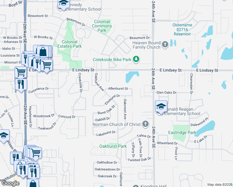 map of restaurants, bars, coffee shops, grocery stores, and more near 1427 Oakhurst Avenue in Norman