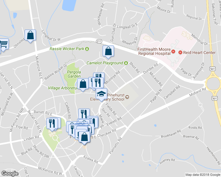 map of restaurants, bars, coffee shops, grocery stores, and more near 100 Kelly Road in Pinehurst