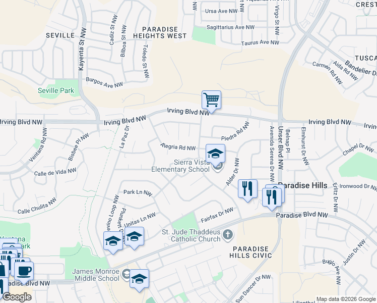 map of restaurants, bars, coffee shops, grocery stores, and more near 5816 Stratford Avenue Northwest in Albuquerque