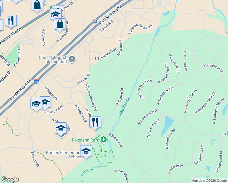 map of restaurants, bars, coffee shops, grocery stores, and more near 4288 East Coburn Drive in Flagstaff