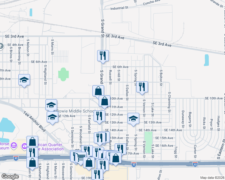 map of restaurants, bars, coffee shops, grocery stores, and more near 3617 Southeast 10th Avenue in Amarillo