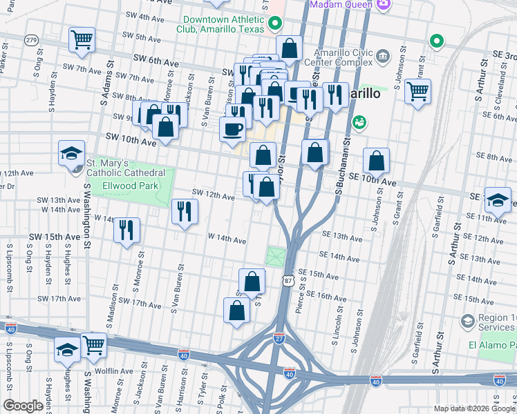 map of restaurants, bars, coffee shops, grocery stores, and more near 101-199 SE 13th Ave in Amarillo