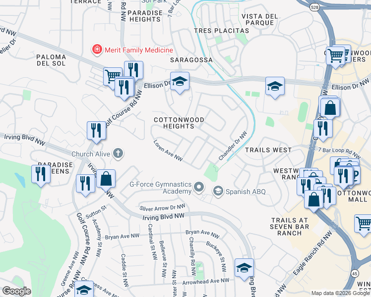 map of restaurants, bars, coffee shops, grocery stores, and more near 10305 Lawton Street Northwest in Albuquerque