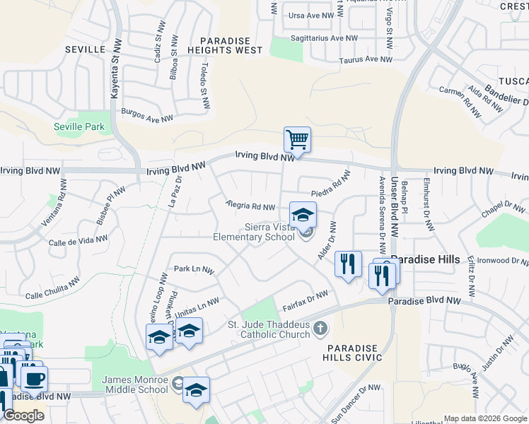map of restaurants, bars, coffee shops, grocery stores, and more near 5816 Stratford Avenue Northwest in Albuquerque