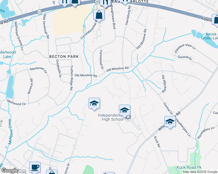 map of restaurants, bars, coffee shops, grocery stores, and more near 5949 Scots Bluff Drive in Charlotte
