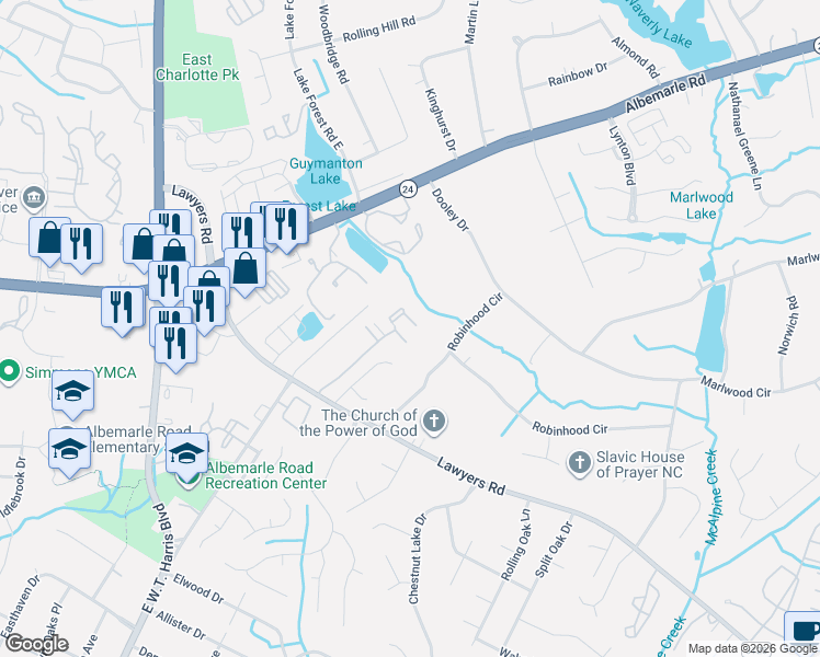 map of restaurants, bars, coffee shops, grocery stores, and more near 6625 Covington Commons Drive in Charlotte
