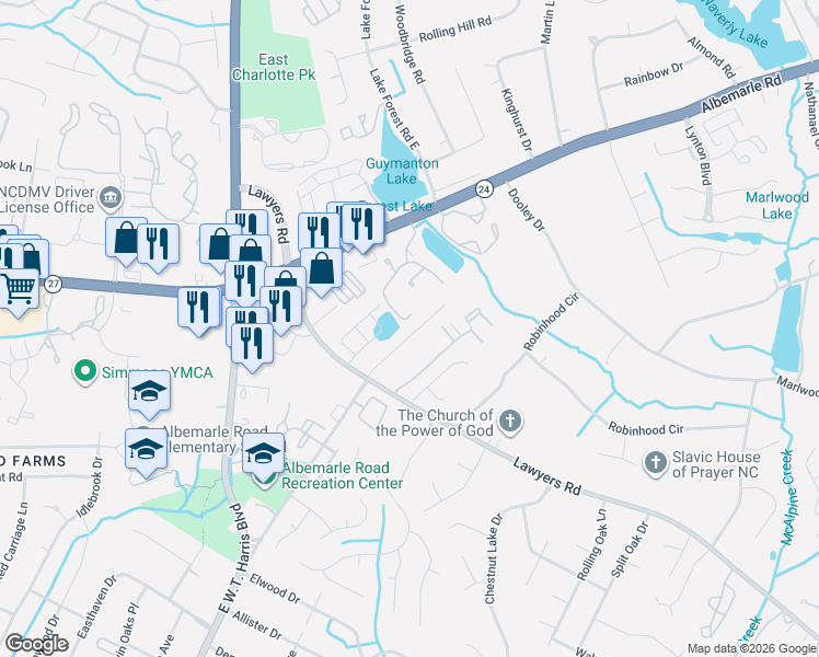 map of restaurants, bars, coffee shops, grocery stores, and more near 5512 Idlewild Road North in Charlotte