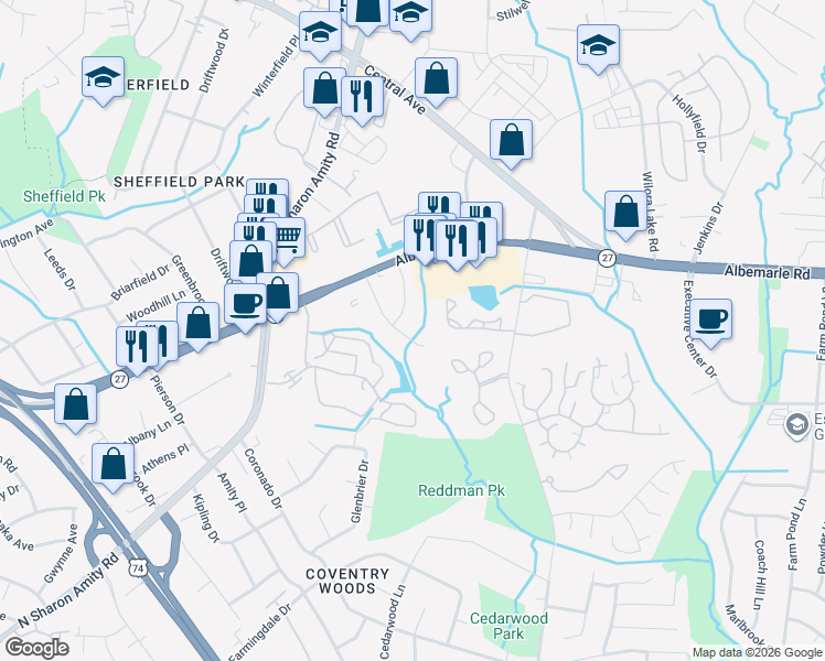 map of restaurants, bars, coffee shops, grocery stores, and more near 5616 Starkwood Drive in Charlotte