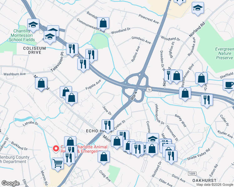 map of restaurants, bars, coffee shops, grocery stores, and more near 1022 Hickory Nut Street in Charlotte