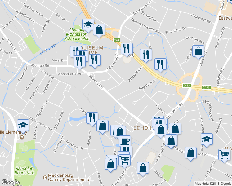 map of restaurants, bars, coffee shops, grocery stores, and more near 615 Fugate Avenue in Charlotte