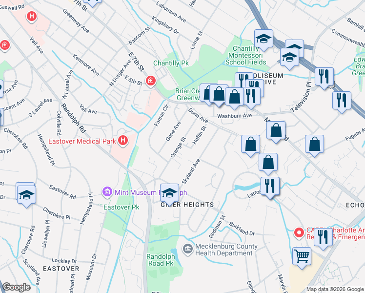 map of restaurants, bars, coffee shops, grocery stores, and more near in Charlotte