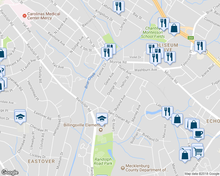 map of restaurants, bars, coffee shops, grocery stores, and more near 218 Orange Street in Charlotte