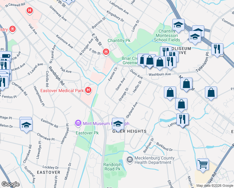 map of restaurants, bars, coffee shops, grocery stores, and more near 212 Fannie Circle in Charlotte