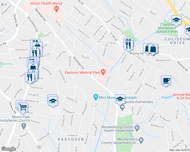 map of restaurants, bars, coffee shops, grocery stores, and more near 2711 Randolph Road in Charlotte