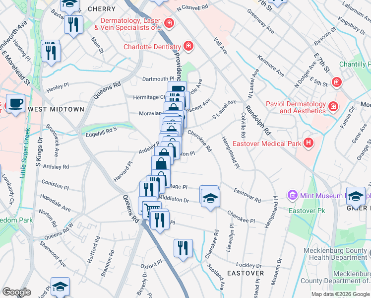 map of restaurants, bars, coffee shops, grocery stores, and more near in Charlotte