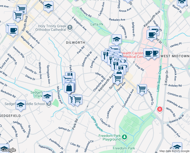 map of restaurants, bars, coffee shops, grocery stores, and more near 2107 Dilworth Road East in Charlotte