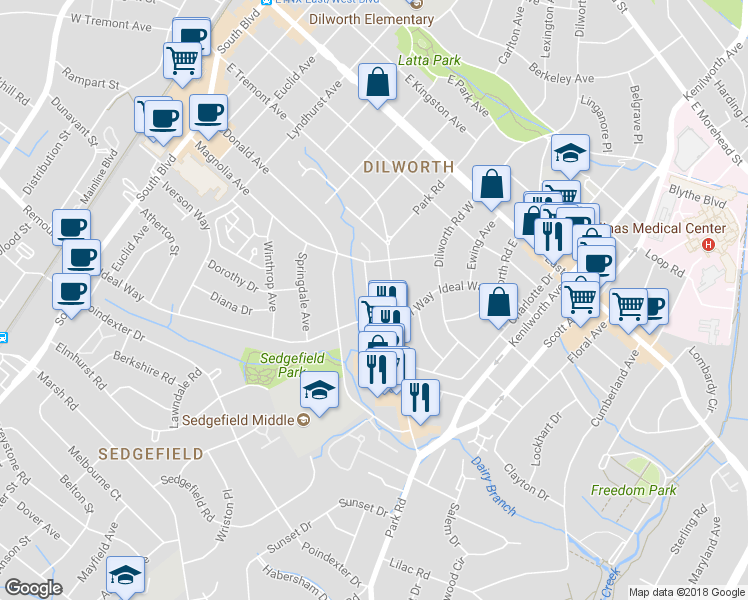 map of restaurants, bars, coffee shops, grocery stores, and more near 845 Ideal Way in Charlotte
