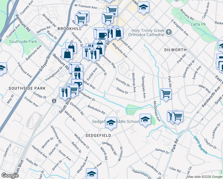 map of restaurants, bars, coffee shops, grocery stores, and more near in Charlotte