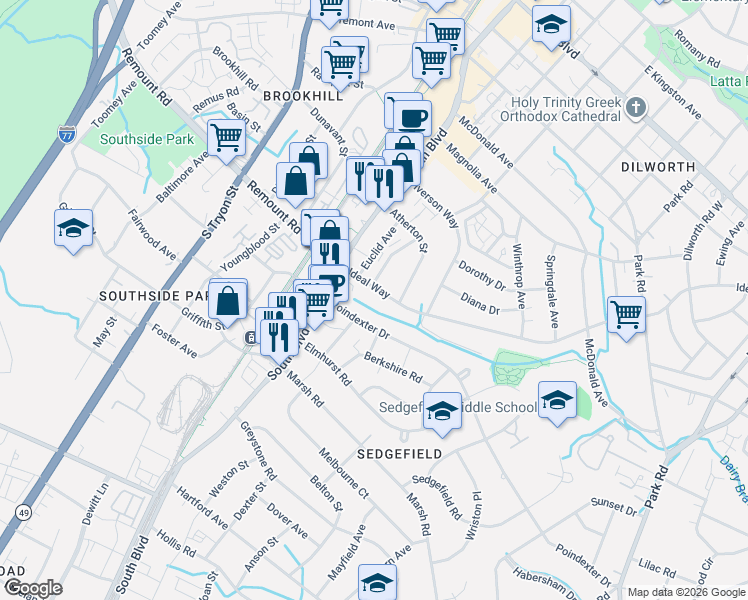 map of restaurants, bars, coffee shops, grocery stores, and more near 253 Poindexter Drive in Charlotte