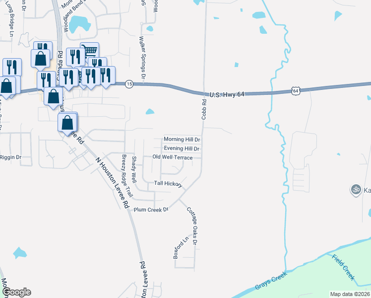 map of restaurants, bars, coffee shops, grocery stores, and more near 10211 Old Well Terrace in Memphis