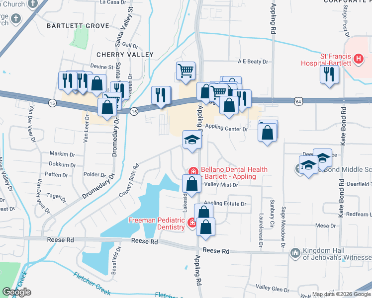 map of restaurants, bars, coffee shops, grocery stores, and more near 2755 Appling Road in Memphis