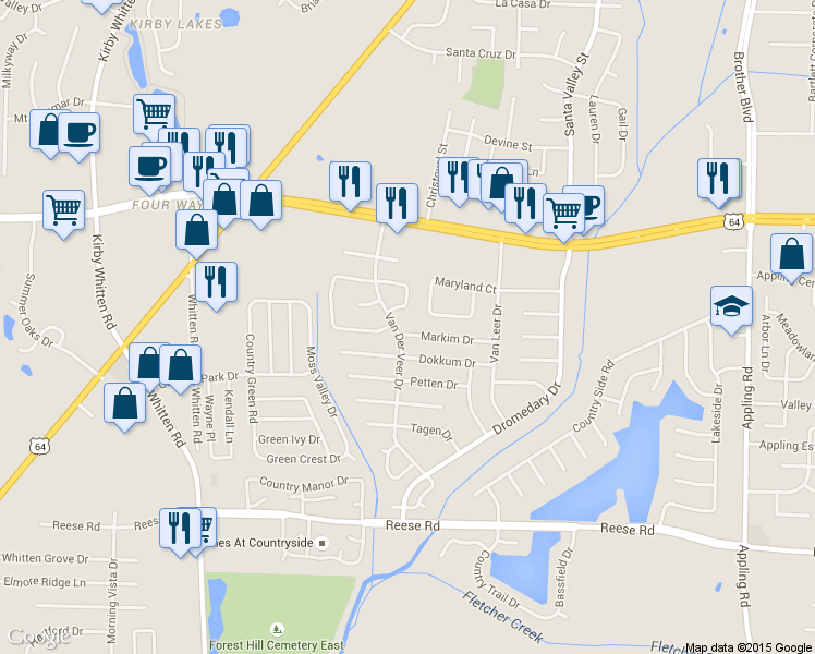map of restaurants, bars, coffee shops, grocery stores, and more near 7050 Markim Drive in Memphis