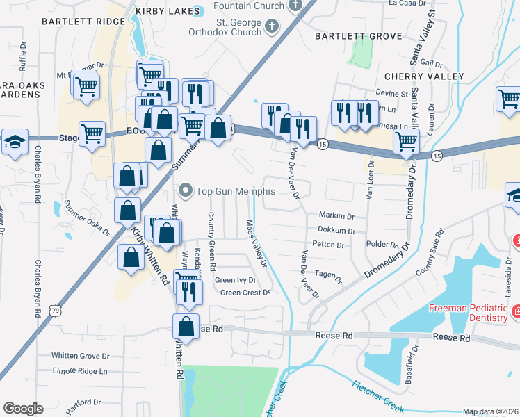 map of restaurants, bars, coffee shops, grocery stores, and more near 2748 Moss Valley Drive in Memphis