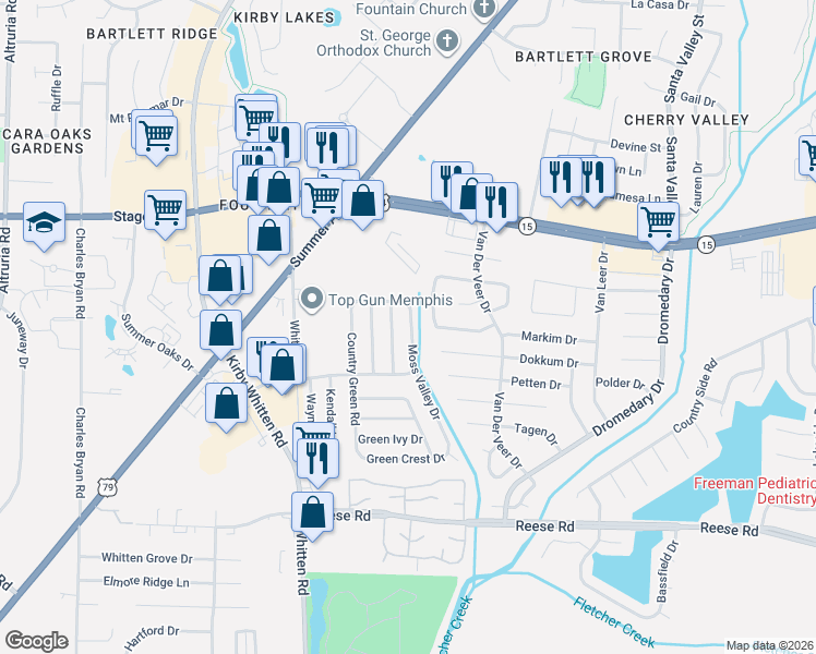 map of restaurants, bars, coffee shops, grocery stores, and more near 2748 Moss Valley Drive in Memphis