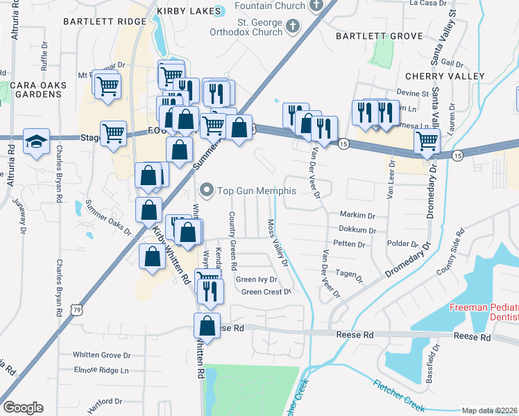 map of restaurants, bars, coffee shops, grocery stores, and more near 2748 Moss Valley Drive in Memphis