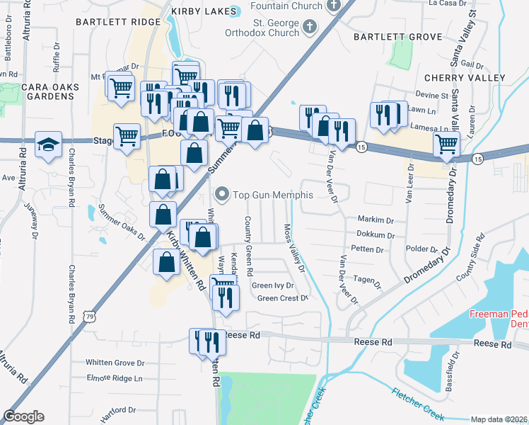 map of restaurants, bars, coffee shops, grocery stores, and more near 2750 Rambling Brook Drive in Memphis