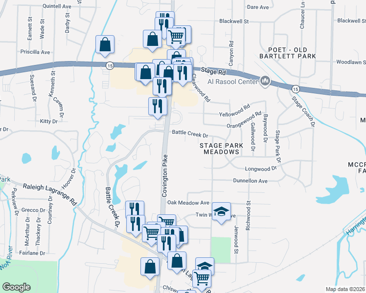 map of restaurants, bars, coffee shops, grocery stores, and more near 2783 West Battle Creek Cove in Memphis