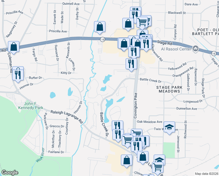 map of restaurants, bars, coffee shops, grocery stores, and more near 4900 Hidden Woods Cove in Memphis