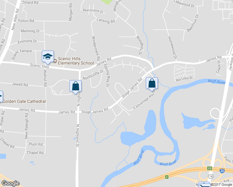 map of restaurants, bars, coffee shops, grocery stores, and more near 2754 Epping Way Drive in Memphis