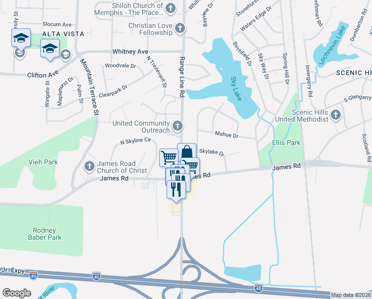 map of restaurants, bars, coffee shops, grocery stores, and more near 2753 Range Line Road in Memphis