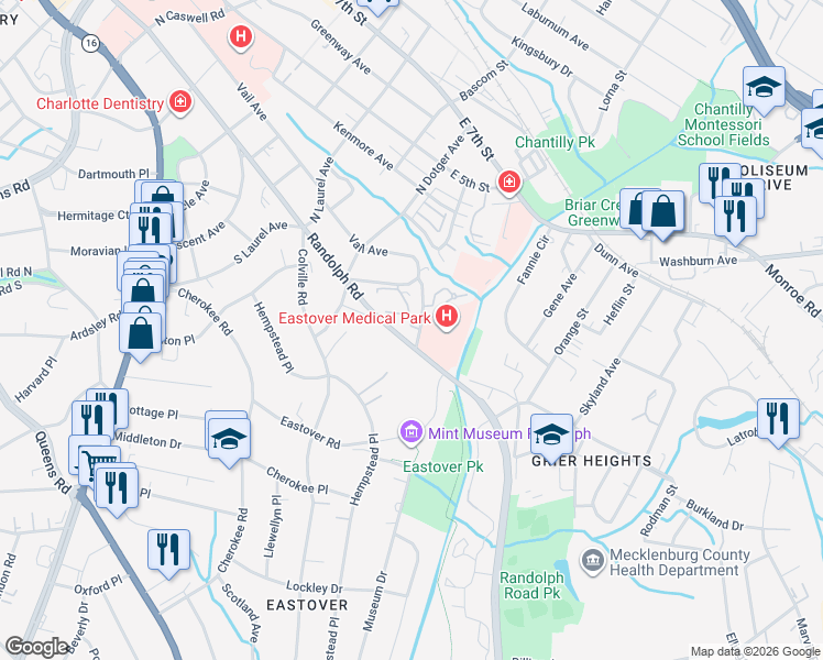 map of restaurants, bars, coffee shops, grocery stores, and more near 2711 Randolph Road in Charlotte