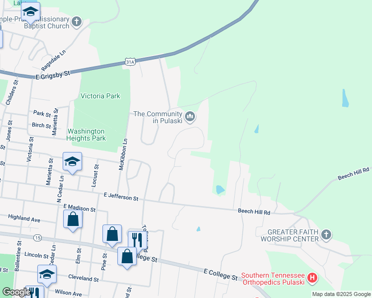 map of restaurants, bars, coffee shops, grocery stores, and more near Glendale Drive in Pulaski