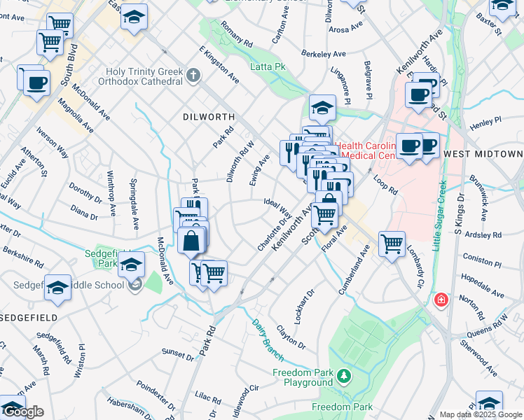 map of restaurants, bars, coffee shops, grocery stores, and more near 2107 Dilworth Road East in Charlotte