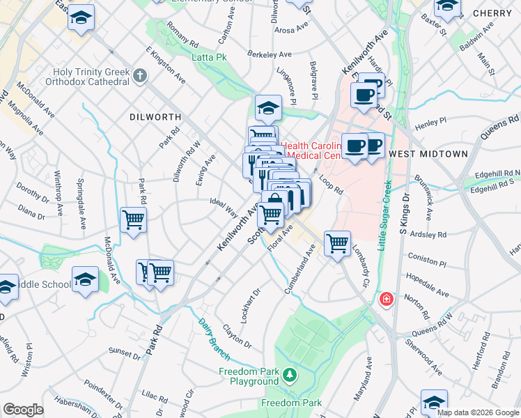 map of restaurants, bars, coffee shops, grocery stores, and more near 1829 Kenilworth Avenue in Charlotte