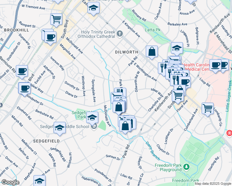 map of restaurants, bars, coffee shops, grocery stores, and more near 2131 Kirkwood Avenue in Charlotte