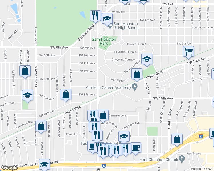 map of restaurants, bars, coffee shops, grocery stores, and more near 109 Wayside Drive in Amarillo