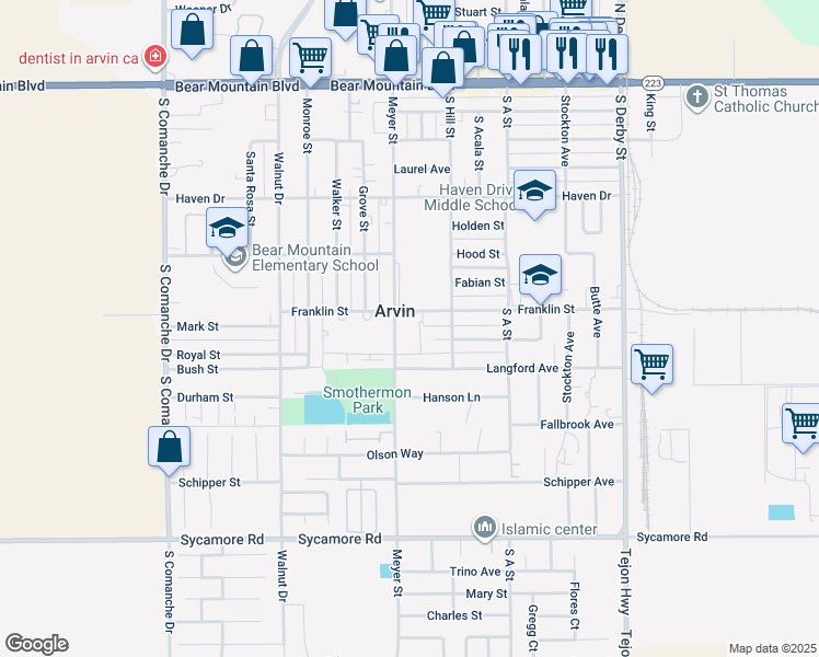 map of restaurants, bars, coffee shops, grocery stores, and more near 702 Meyer Street in Arvin