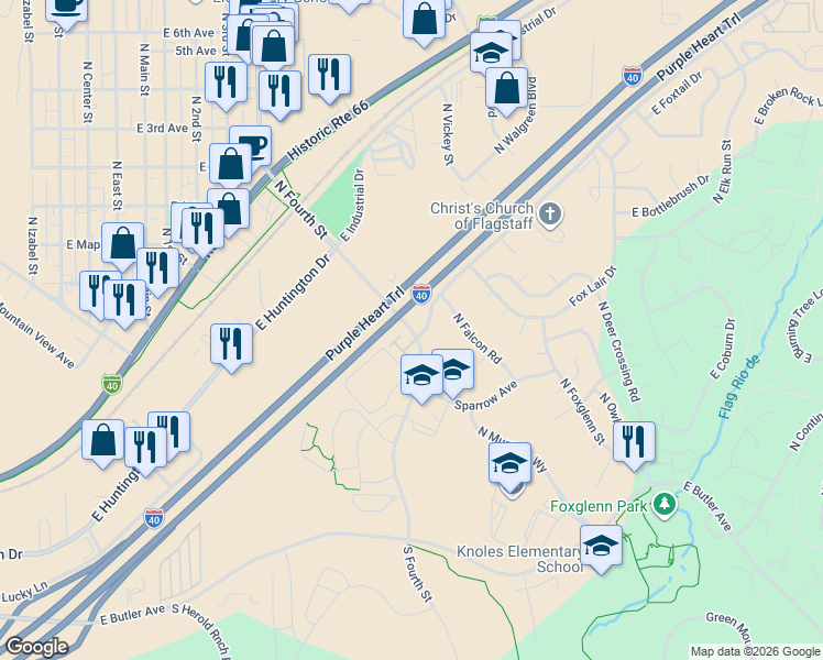 map of restaurants, bars, coffee shops, grocery stores, and more near 1350 North Fourth Street in Flagstaff